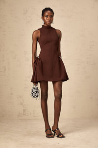 Dora brown asymmetrical-neck puff mini dress