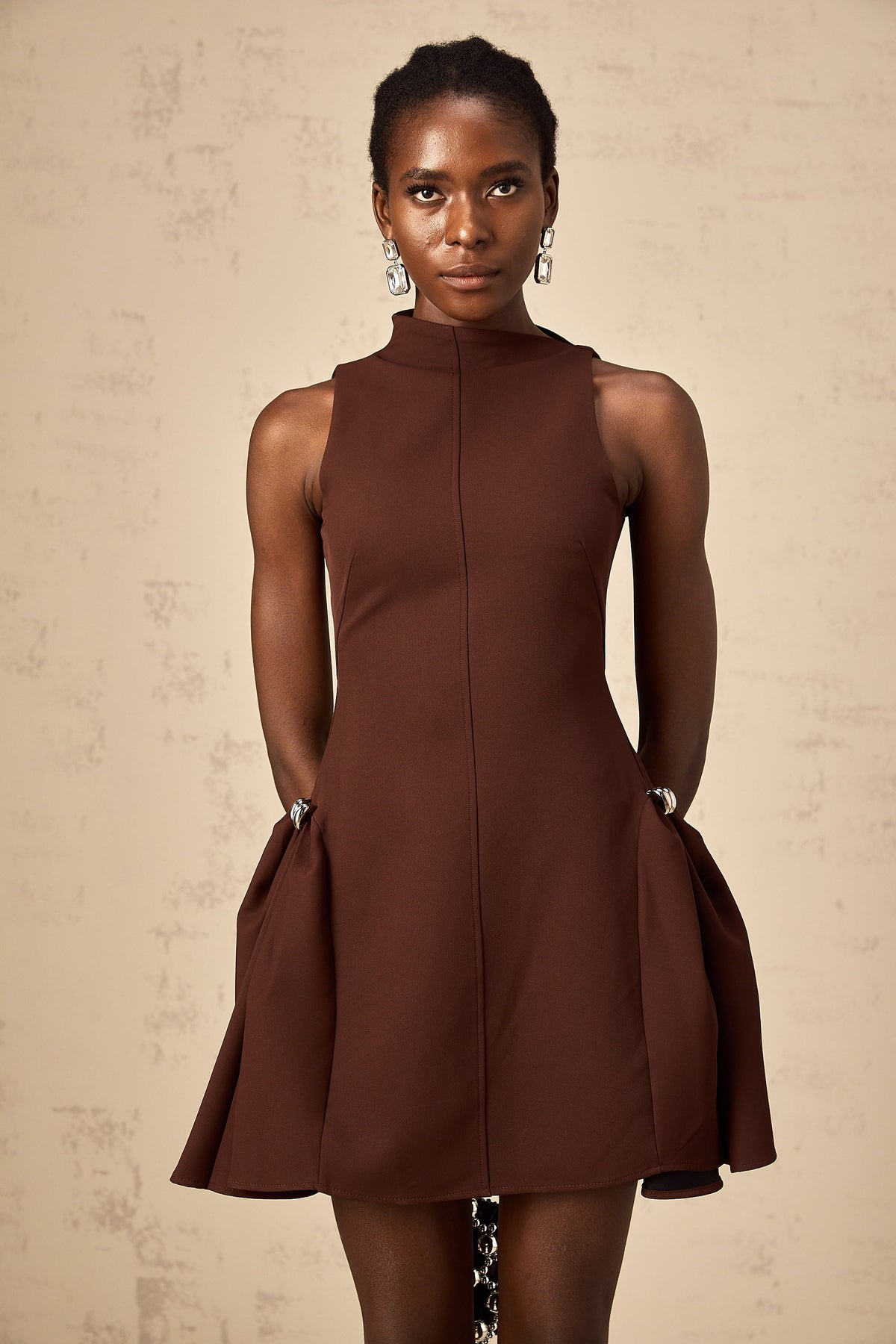 Dora brown asymmetrical-neck puff mini dress