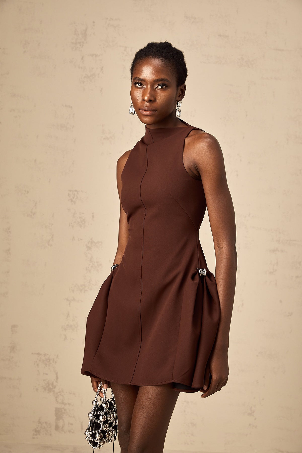 Dora brown asymmetrical-neck puff mini dress