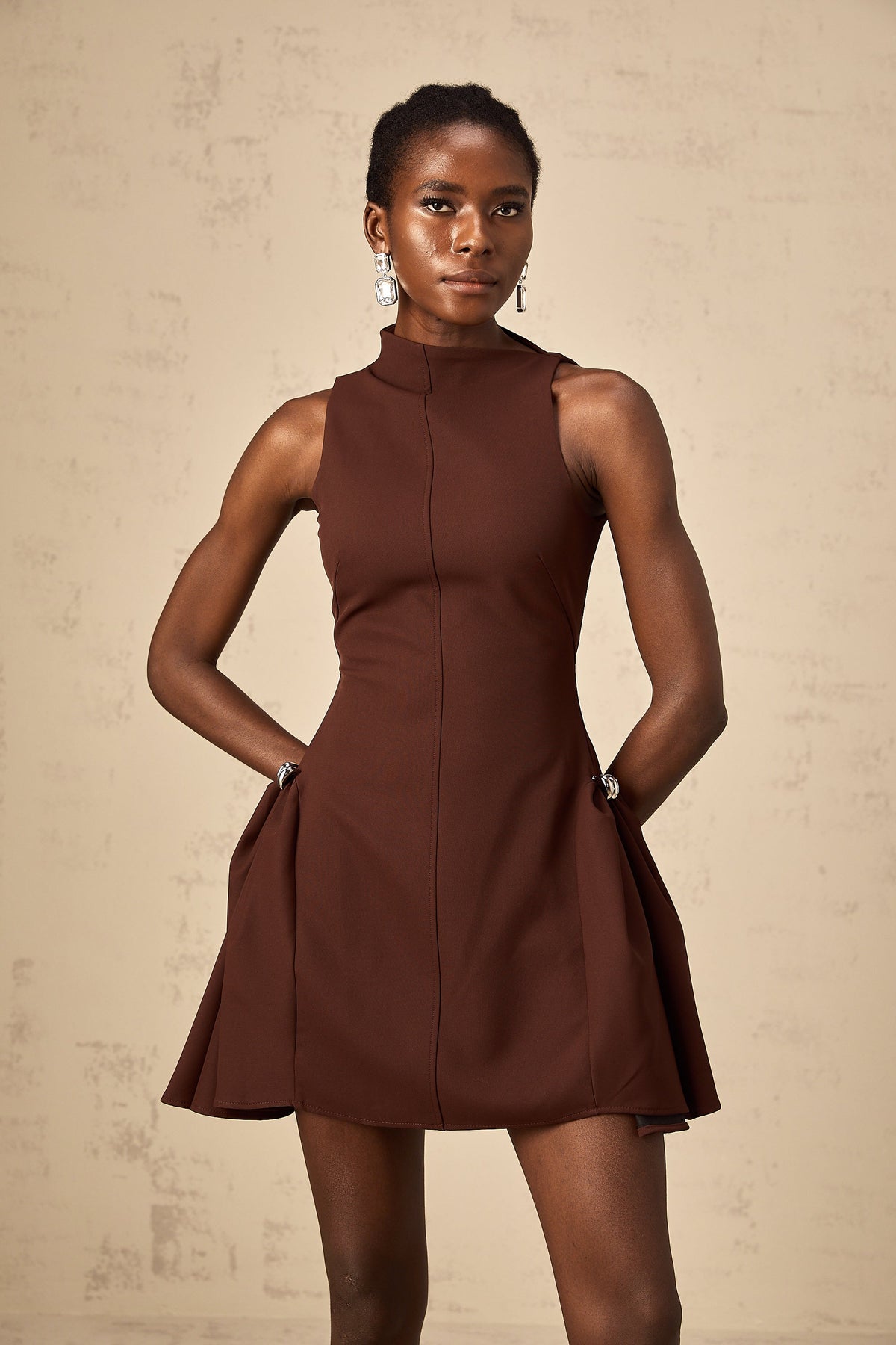 Dora brown asymmetrical-neck puff mini dress