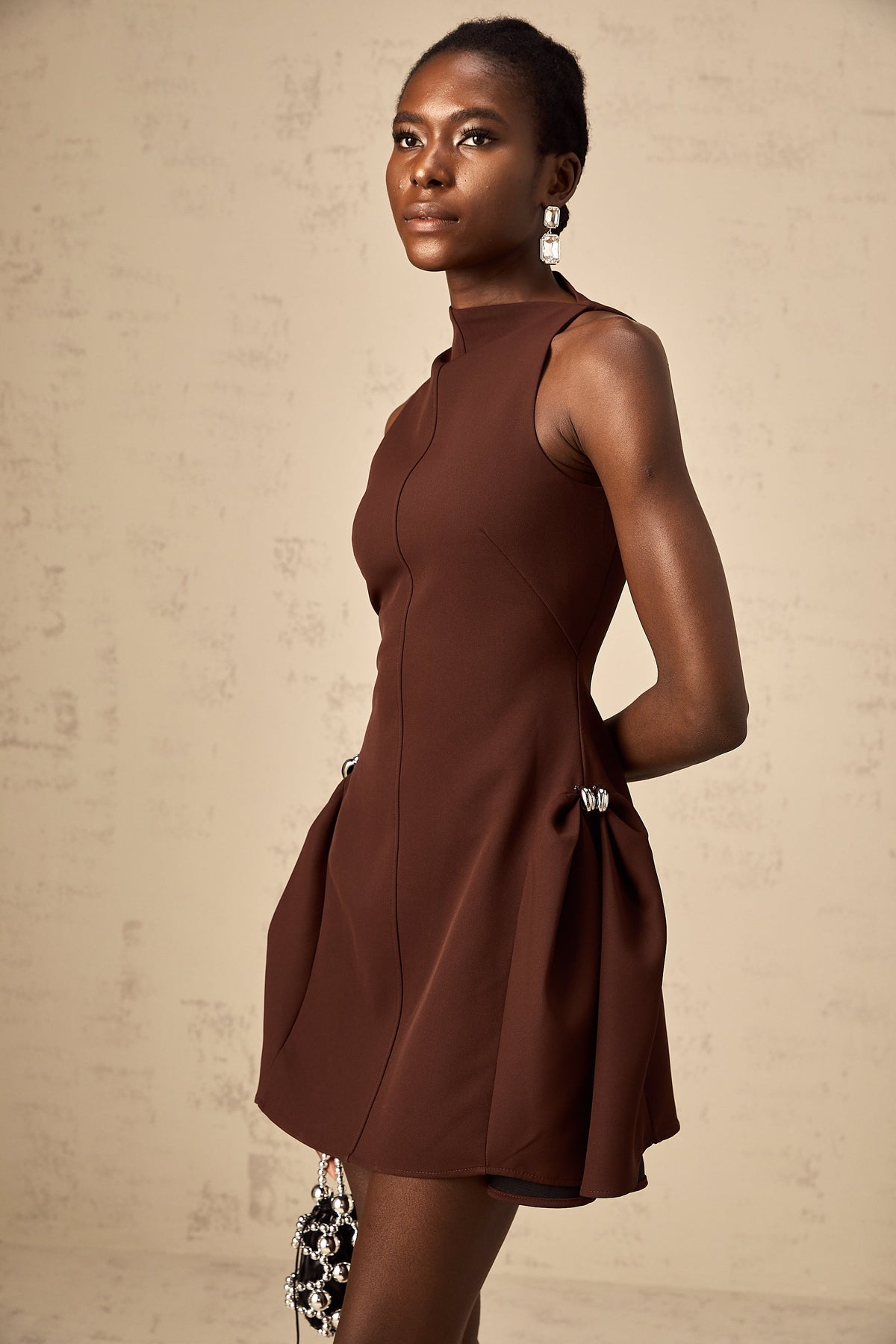 Dora brown asymmetrical-neck puff mini dress