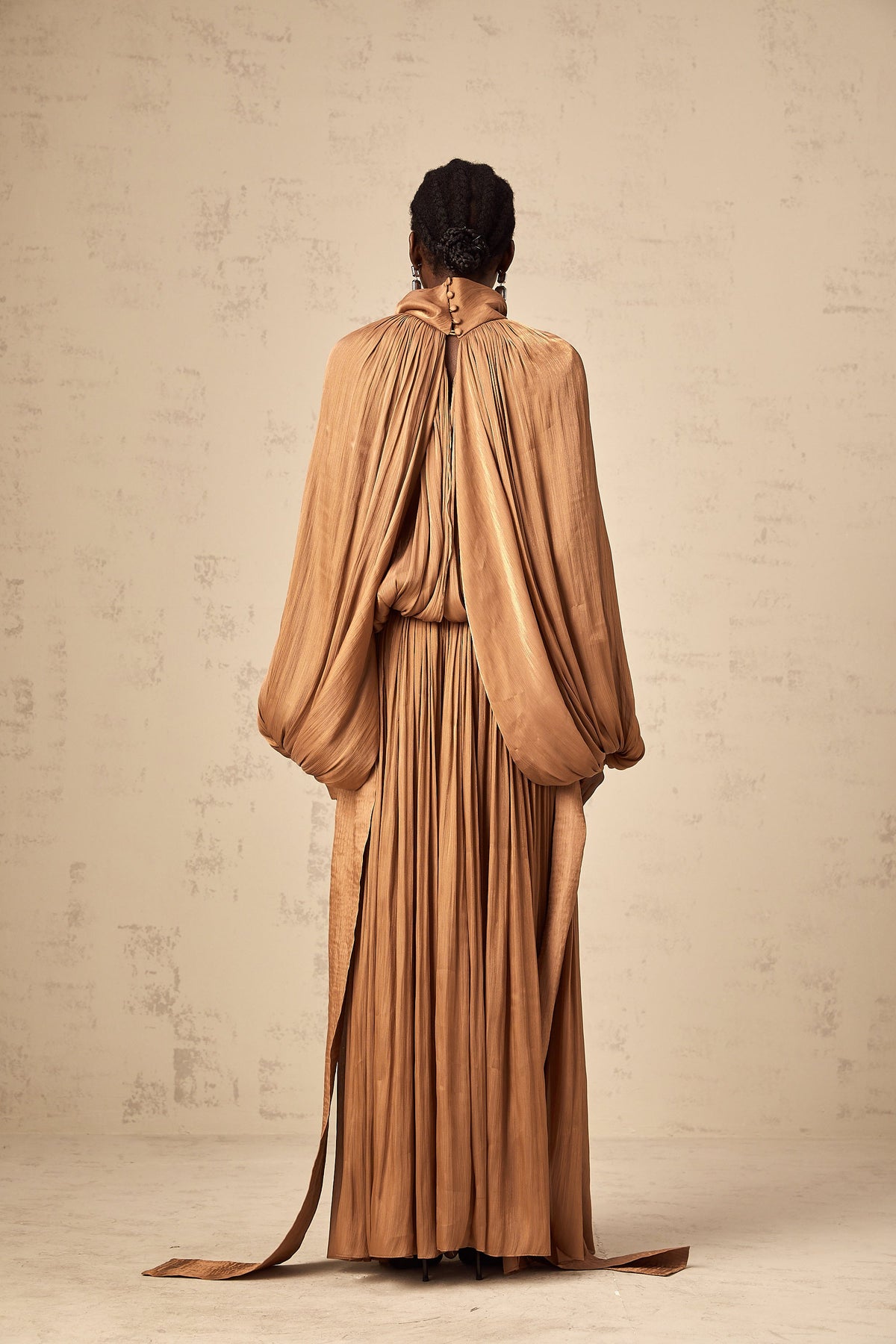 Mila Brown Pleated Satin Maxi Dress