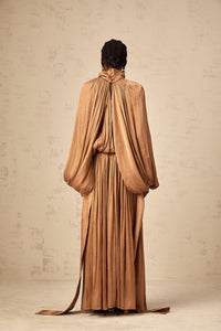 Mila Brown Pleated Satin Maxi Dress