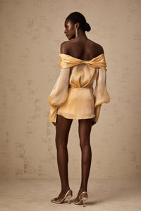 Adelina gold crystal-embellished panelled mini dress