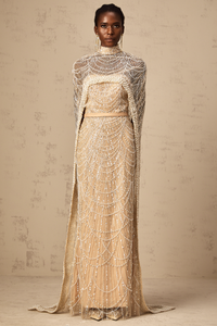 Frederica Champagne Beaded Cape & Gown Matching Set