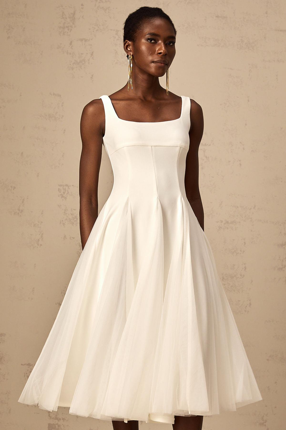 Danielle white tulle godet midi dress