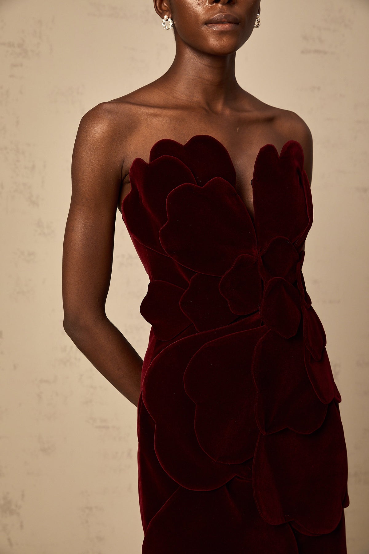 Maïwenn red floral-appliqué velvet mini dress