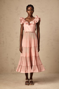 Valentina coral-pink pleated frilled midi dress