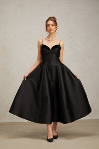 Roxane black pleated flared midi dress