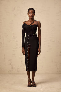 Louise black cut-out asymmetrical midi dress