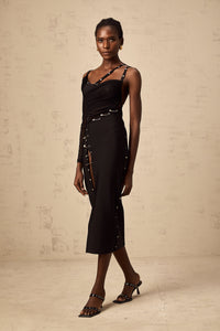 Louise black cut-out asymmetrical midi dress