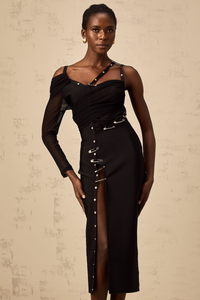 Louise black cut-out asymmetrical midi dress