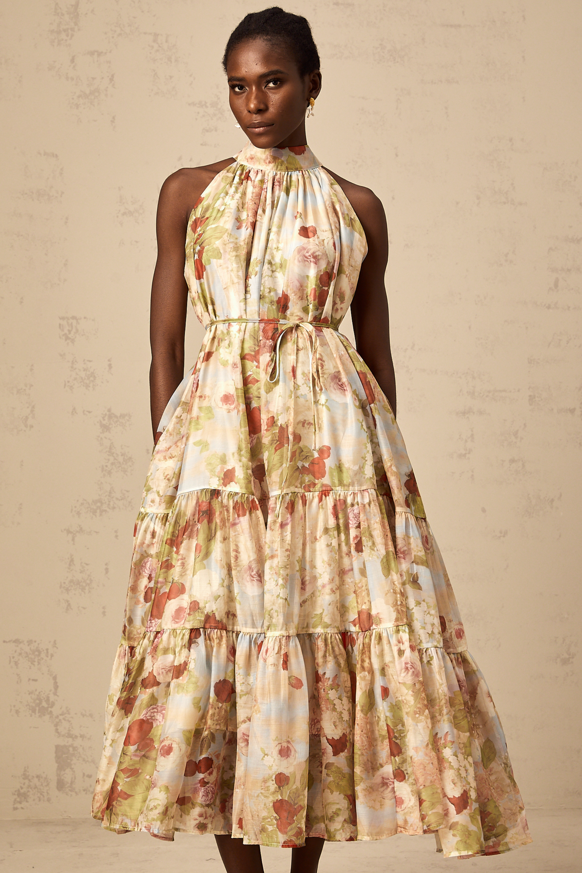 Ulani floral-print sleeveless midi dress in Neutrals