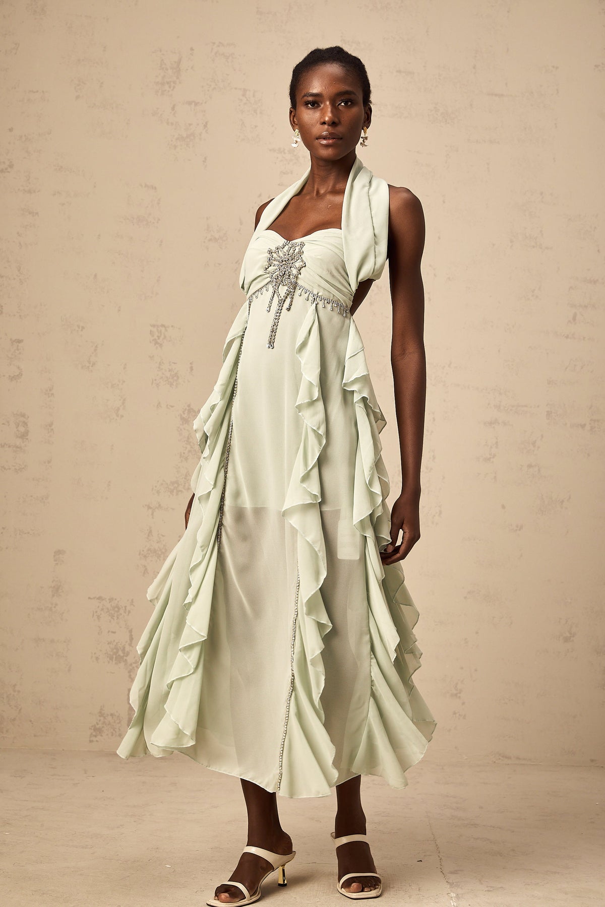 Salilah embellished ruffled midi dress