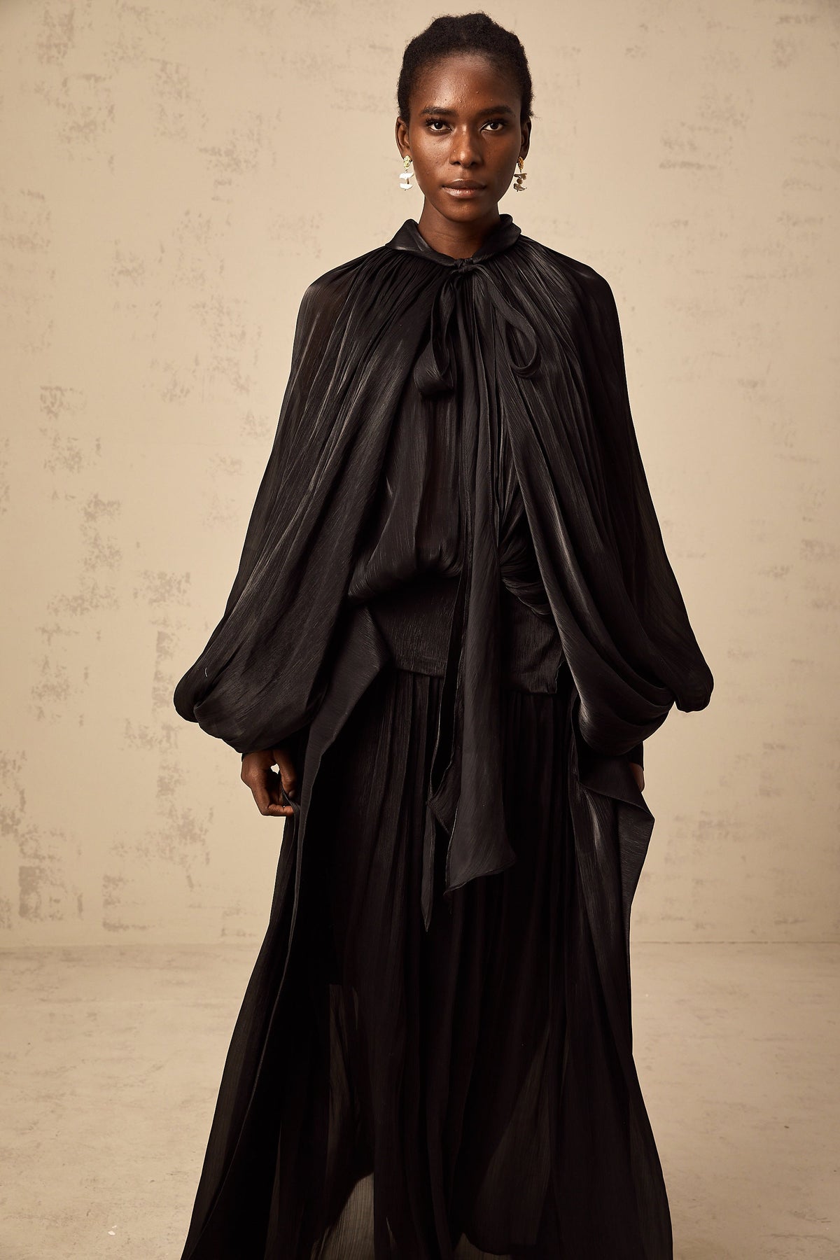 Mila pleated satin maxi dress in Black