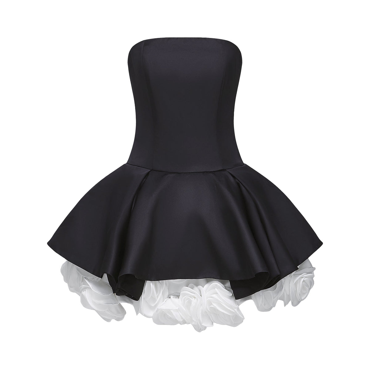 Lucie black petal-layered strapless corset mini dress