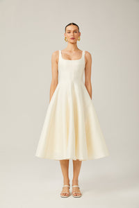 Léonor satin fitted flared midi dress