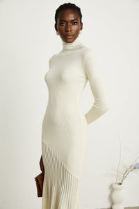 Émeline white knitted pleated midi dress