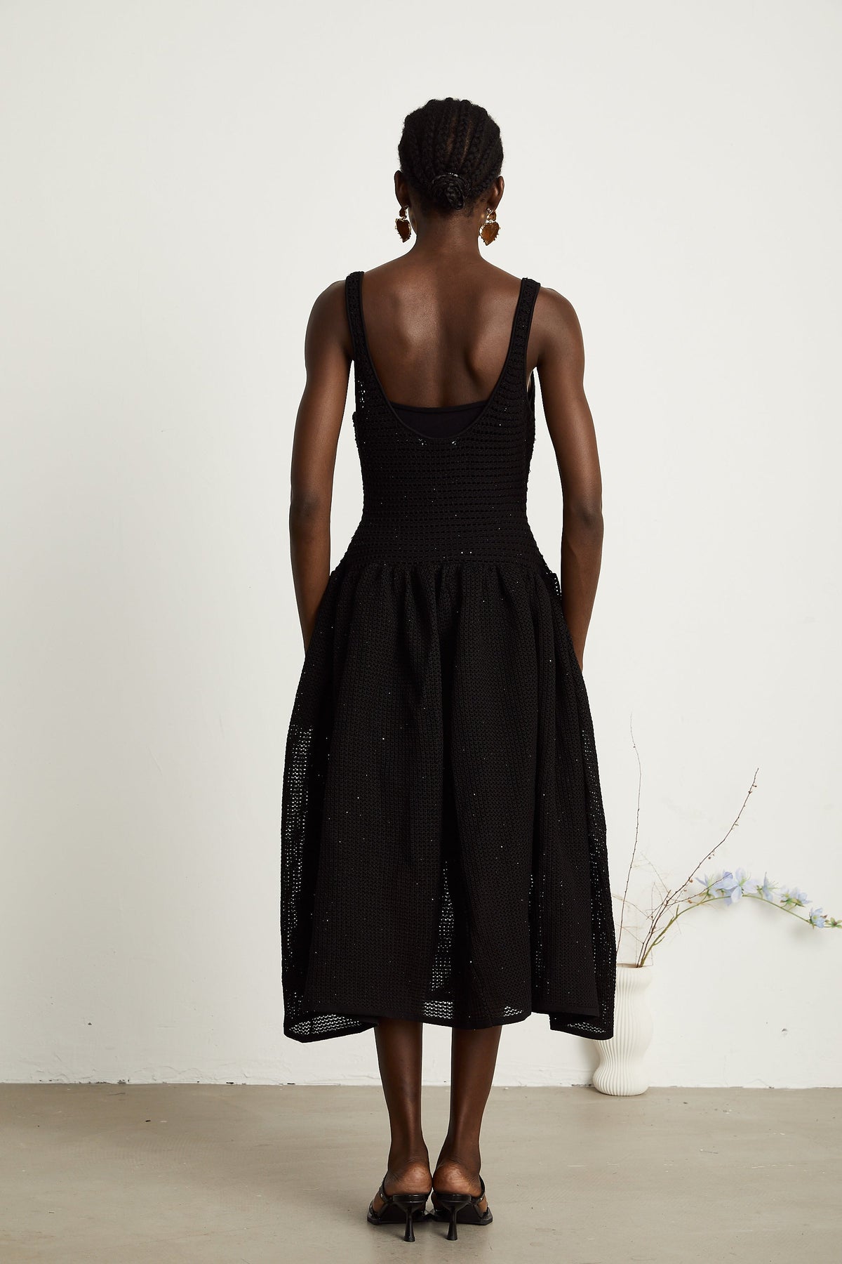 Clotilde black crochet-knit midi dress