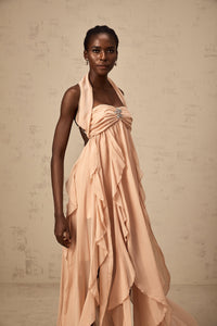 Mariah Pink Chiffon Ruffle Halterneck Maxi Dress