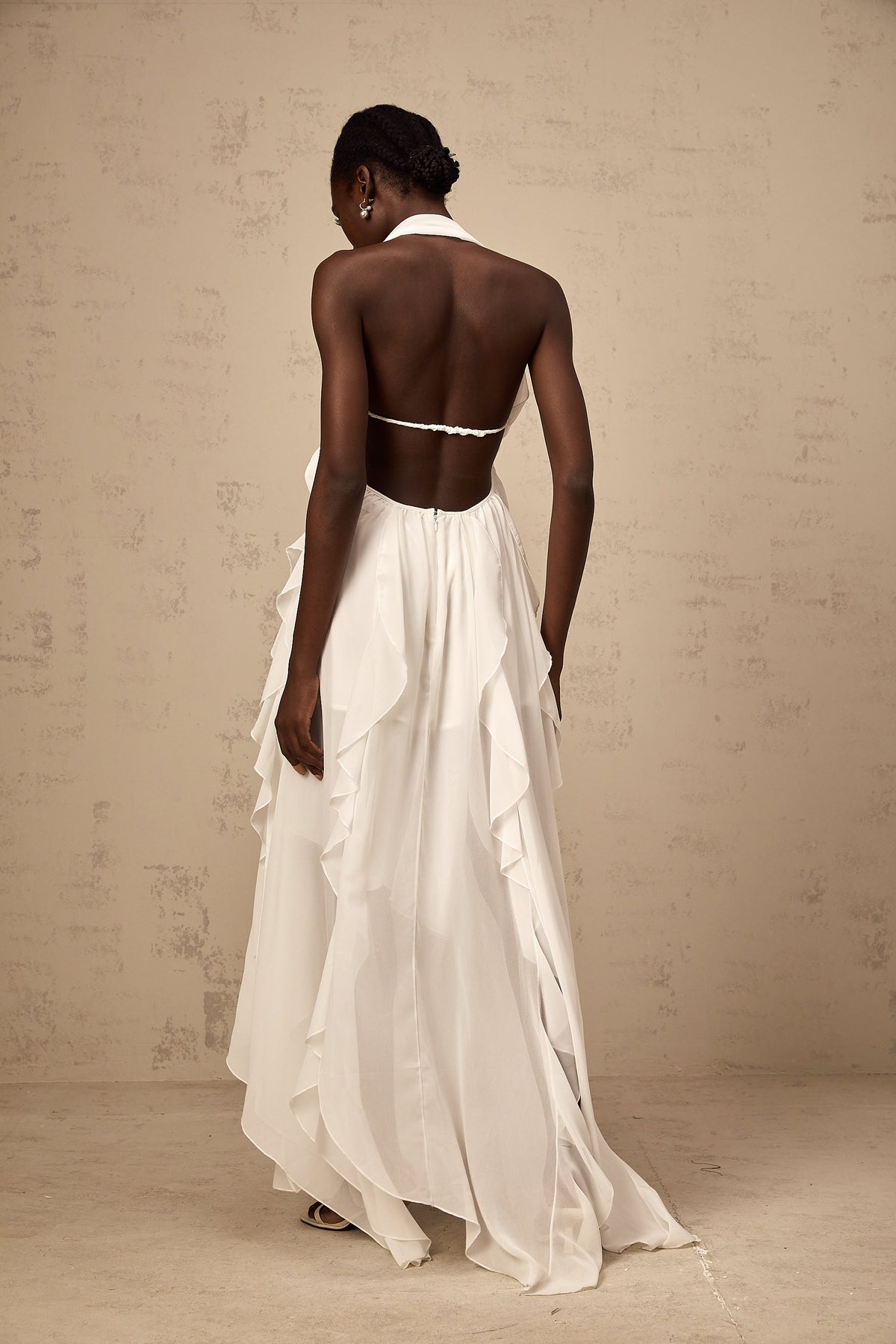 Mariah White Chiffon Ruffle Halterneck Maxi Dress