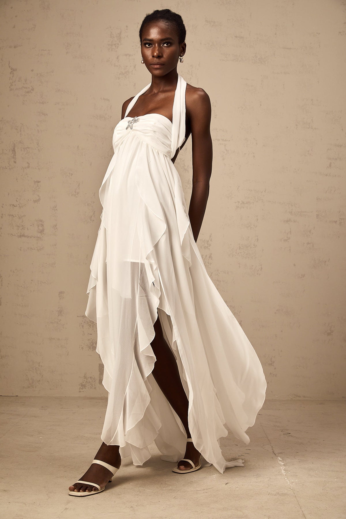 Mariah White Chiffon Ruffle Halterneck Maxi Dress