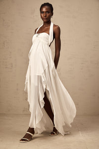 Mariah White Chiffon Ruffle Halterneck Maxi Dress