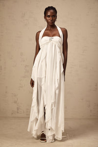 Mariah White Chiffon Ruffle Halterneck Maxi Dress