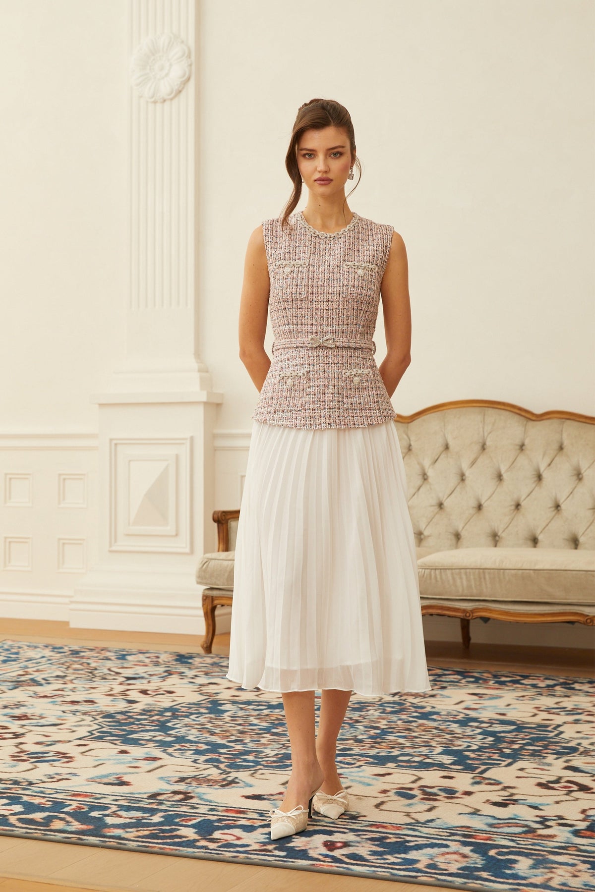 Lola Pink Embellished Tweed Panel Midi Dress