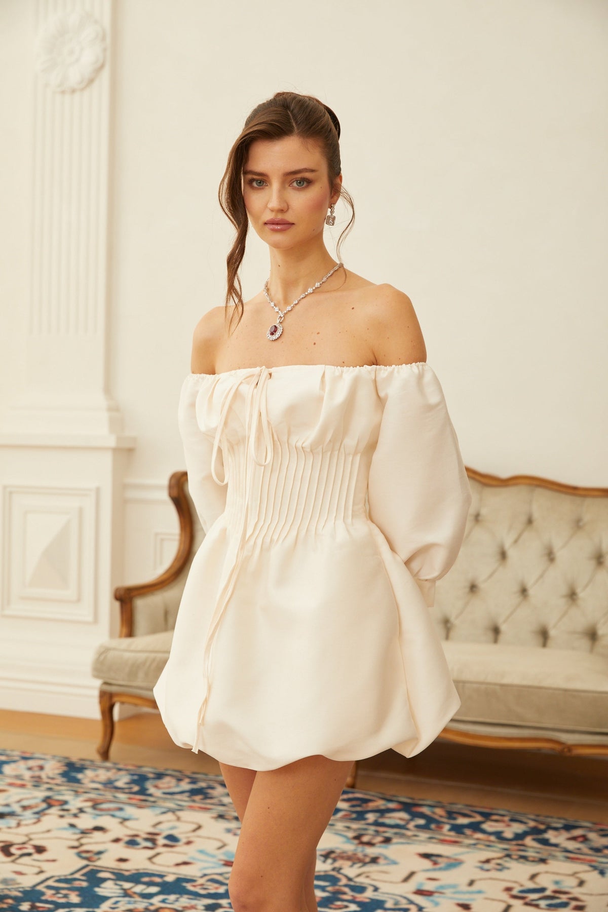 Bianca White Off Shoulder Pleated Panel Mini Dress
