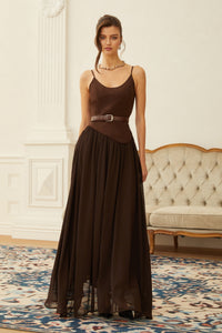Hedda Brown Chiffon Panel Suede Maxi Dress
