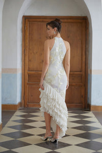 Théoline Neutral Asymmetrical Ruffled Floral Midi Dress
