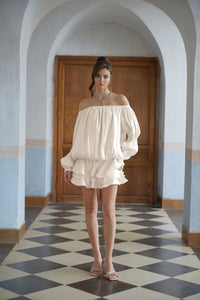 Zofia White Glossy Pleated Tiered Mini Dress