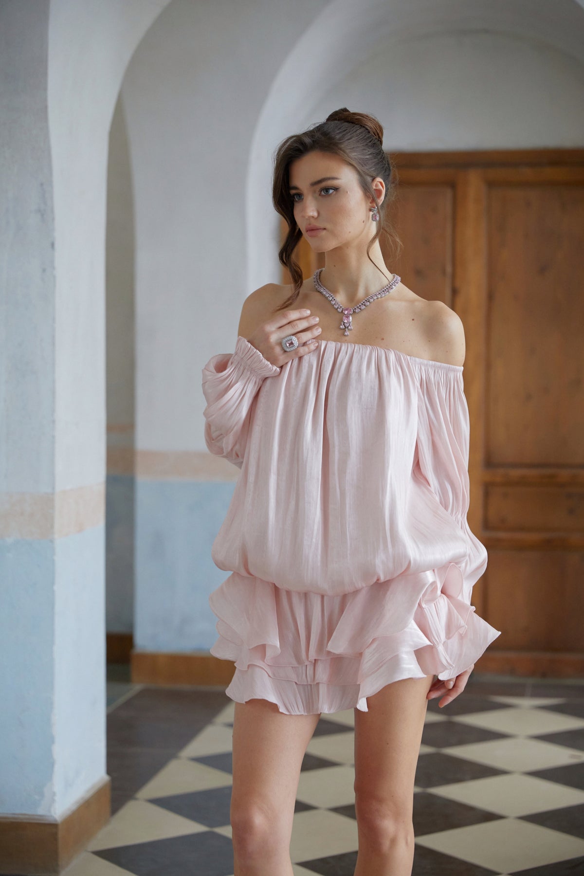 Zofia Pink Glossy Pleated Tiered Mini Dress
