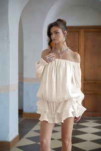 Zofia White Glossy Pleated Tiered Mini Dress
