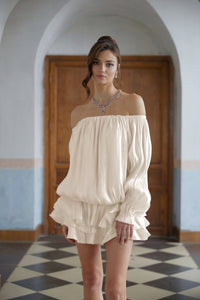 Zofia White Glossy Pleated Tiered Mini Dress