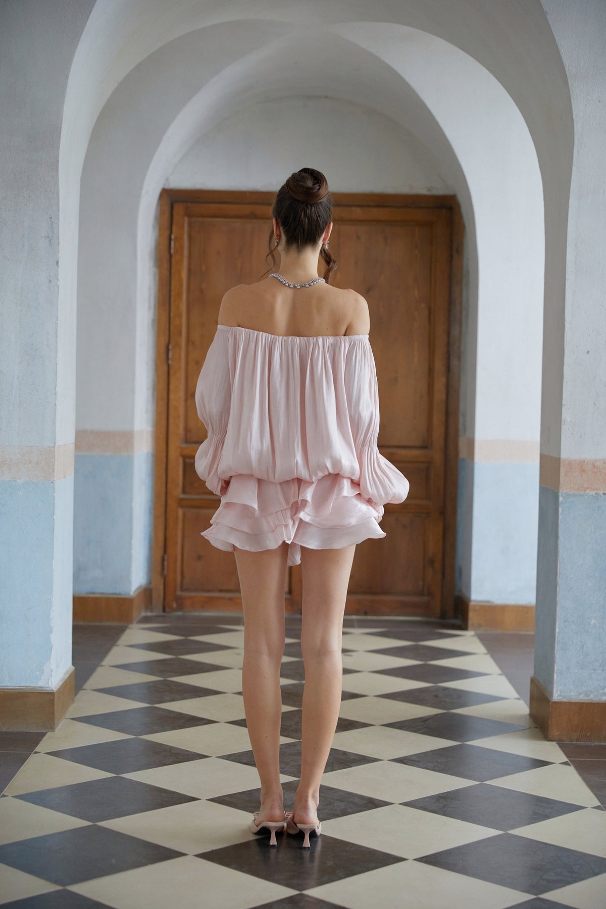 Zofia Pink Glossy Pleated Tiered Mini Dress