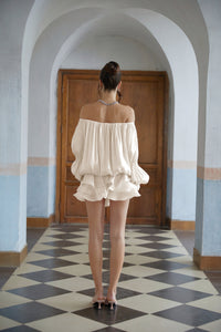 Zofia White Glossy Pleated Tiered Mini Dress