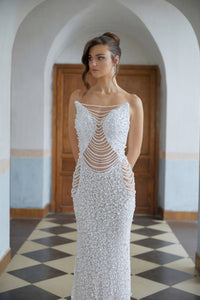 Iseult White Faux Pearl Mesh Maxi Gown