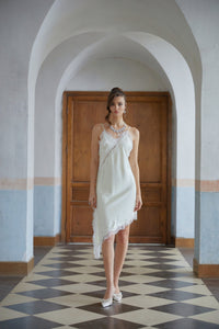 Méabh Neutral Lace Panel Satin Midi Dress