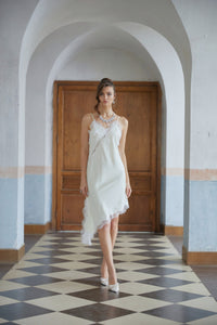 Méabh Neutral Lace Panel Satin Midi Dress