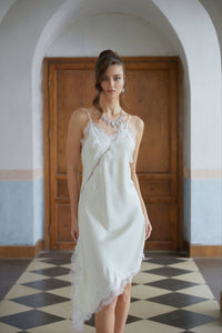 Méabh Neutral Lace Panel Satin Midi Dress