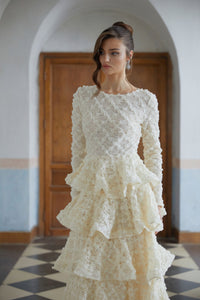 Halla Neutral Tiered Floral Lace Maxi Dress