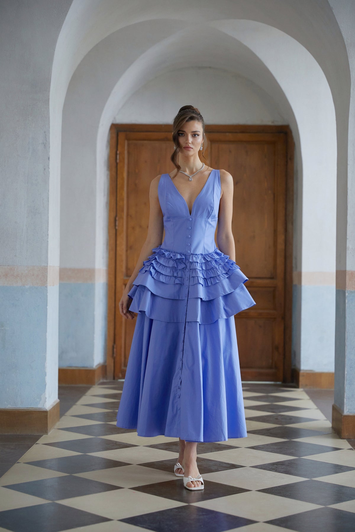 Embla Blue Ruffled Tiered Midi Dress