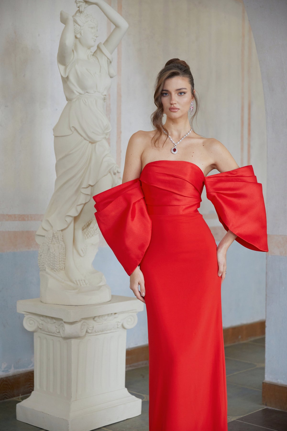 Verity Red Off Shoulder Gathered Maxi Gown