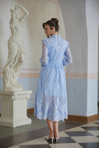Francesca Blue Lace Trim Pleated Midi Dress