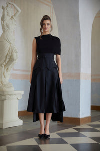 Éabha Black Asymmetrical Shawl Layered Midi Dress
