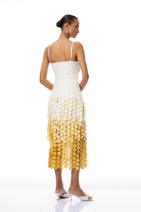 Vezzetti Yellow Embroidered-Disc Fringed Maxi Dress
