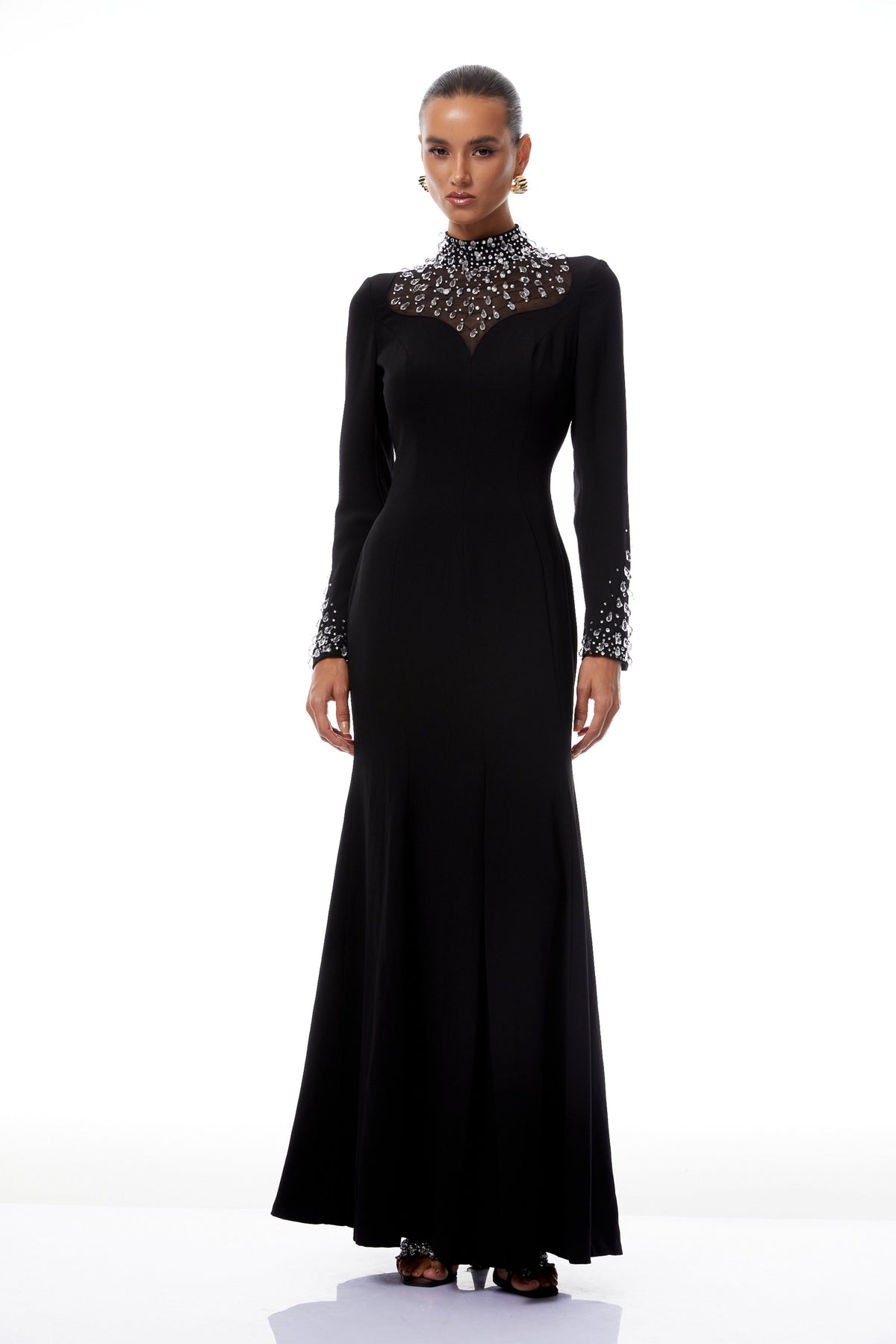 Oona Black Embellished Flared Maxi Gown