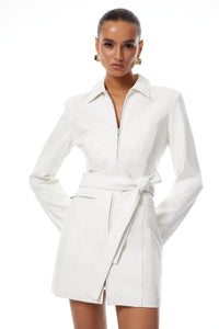 Elisabetta White Tied Waist Leather Mini Dress